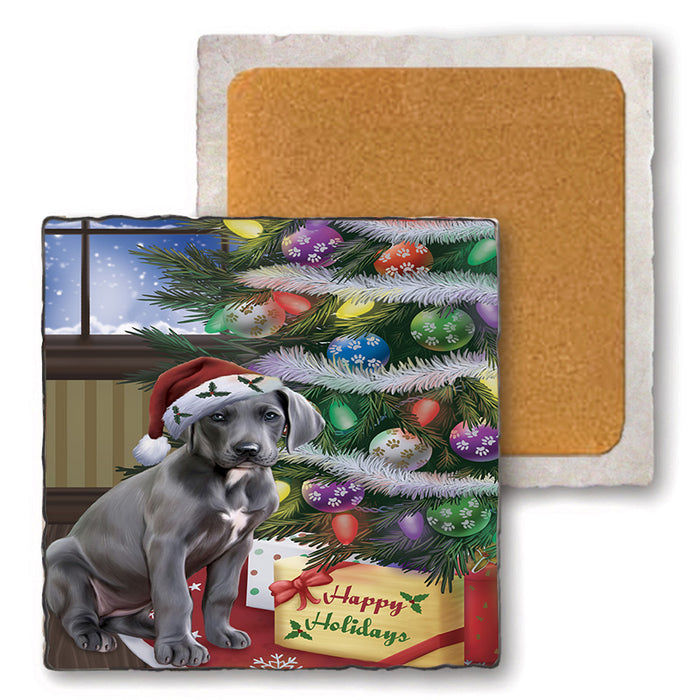 Christmas Happy Holidays Great Dane Dog with Tree and Presents Set of 4 Natural Stone Marble Tile Coasters MCST48833