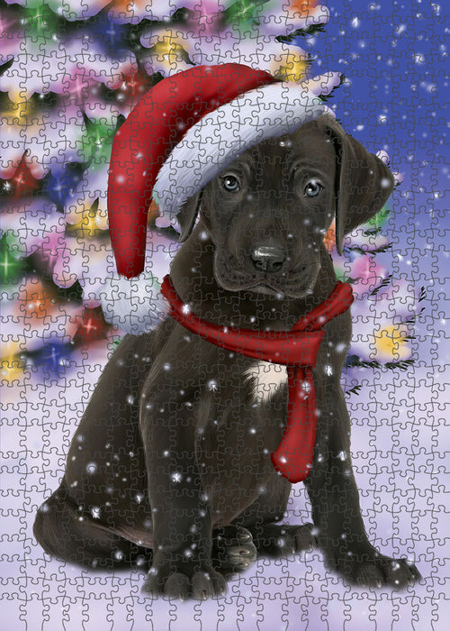 Winterland Wonderland Great Dane Dog In Christmas Holiday Scenic Background Puzzle with Photo Tin PUZL80732