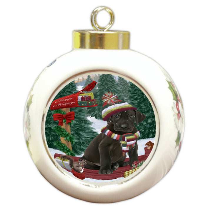 Merry Christmas Woodland Sled Great Dane Dog Round Ball Christmas Ornament RBPOR55297