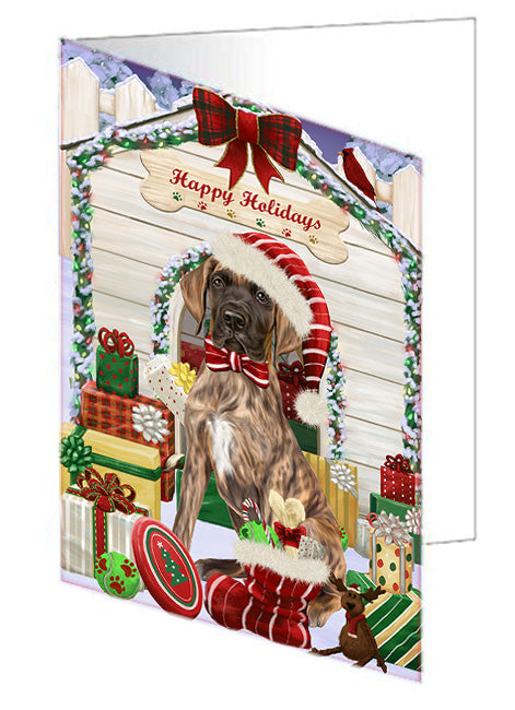 Happy Holidays Christmas Great Dane Dog House with Presents Handmade Artwork Assorted Pets Greeting Cards and Note Cards with Envelopes for All Occasions and Holiday Seasons GCD58310