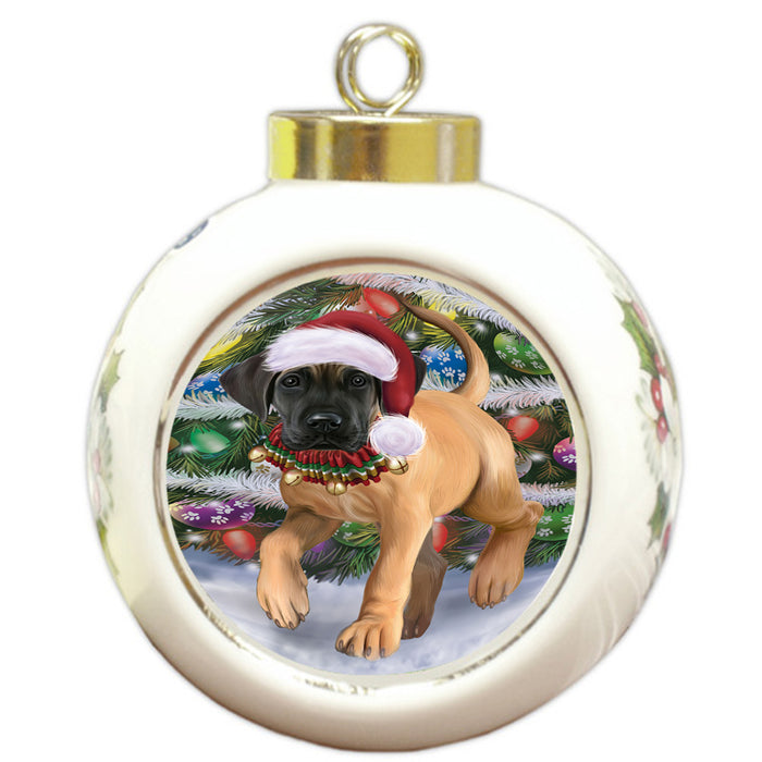 Trotting in the Snow Great Dane Dog Round Ball Christmas Ornament RBPOR57012