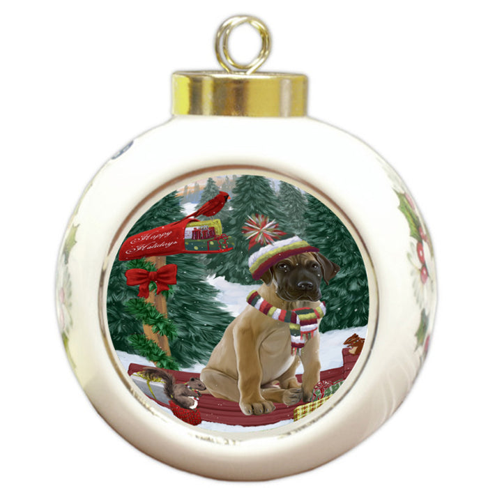 Merry Christmas Woodland Sled Great Dane Dog Round Ball Christmas Ornament RBPOR55298