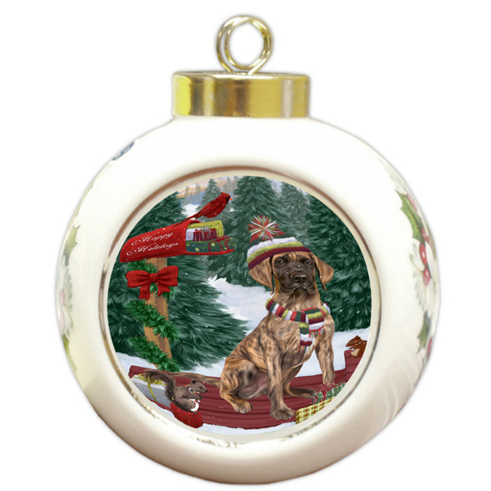 Merry Christmas Woodland Sled Great Dane Dog Round Ball Christmas Ornament RBPOR55299