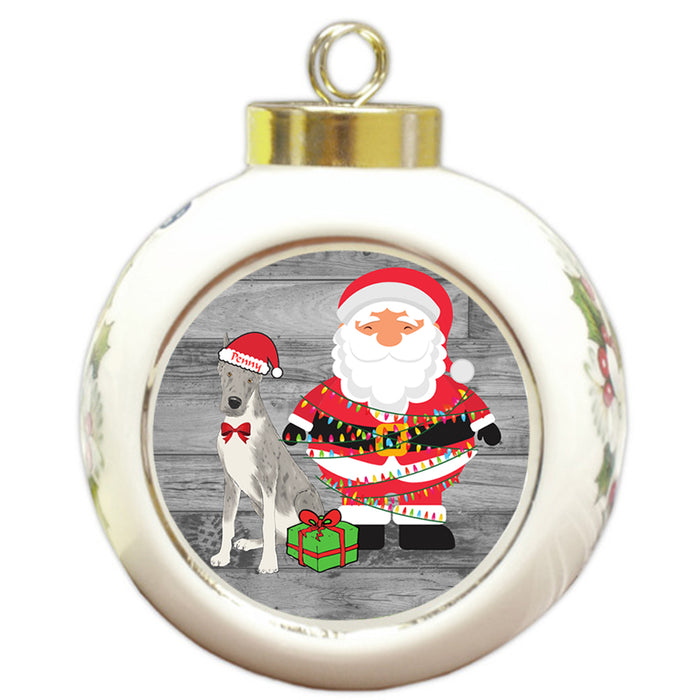 Custom Personalized Great Dane Dog With Santa Wrapped in Light Christmas Round Ball Ornament