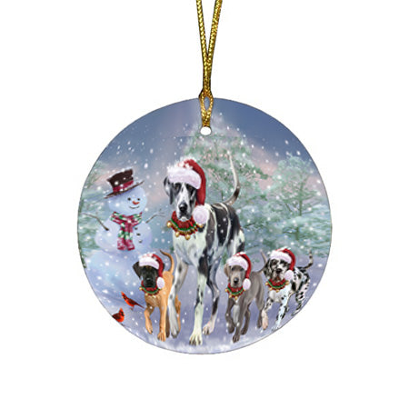Christmas Running Family Great Danes Dog Round Flat Christmas Ornament RFPOR56994
