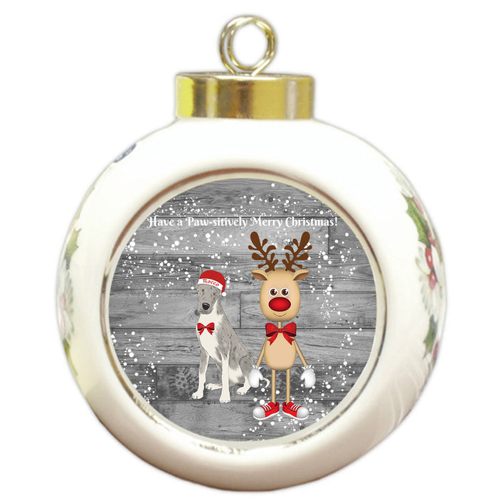 Custom Personalized Great Dane Dog Reindeer and Pooch Christmas Round Ball Ornament