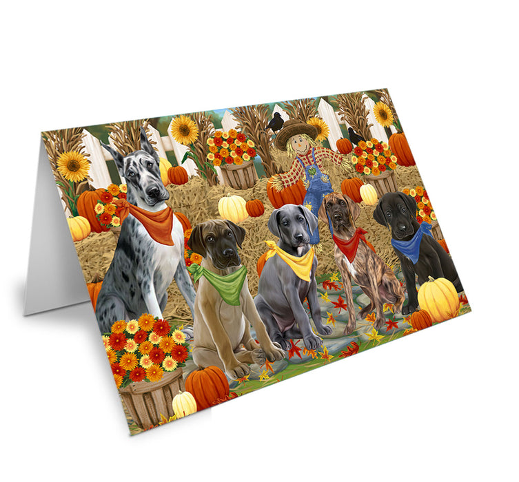Fall Festive Gathering Great Danes Dog with Pumpkins Handmade Artwork Assorted Pets Greeting Cards and Note Cards with Envelopes for All Occasions and Holiday Seasons GCD55967