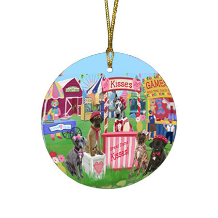 Carnival Kissing Booth Great Danes Dog Round Flat Christmas Ornament RFPOR56193