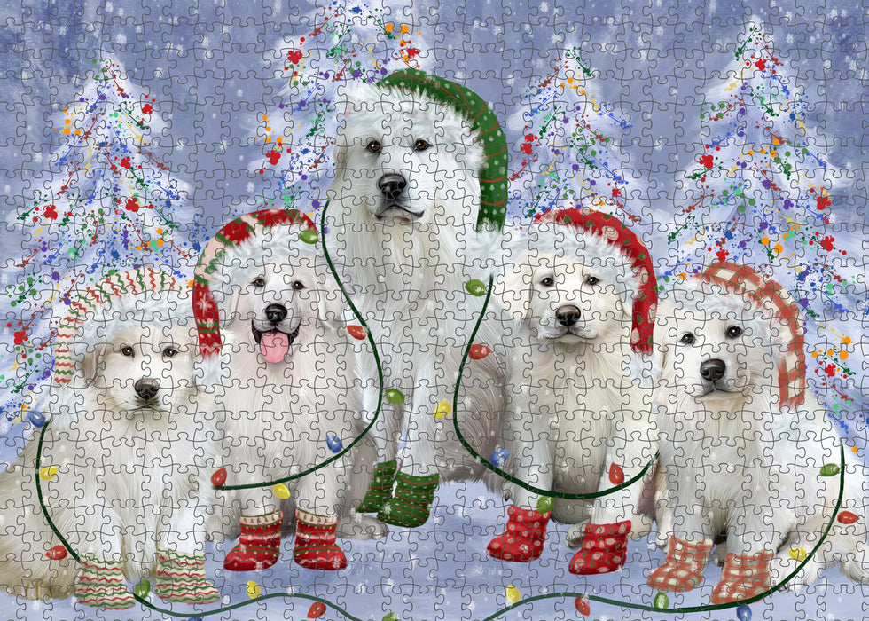 Christmas Lights and Great Pyrenees Dogs Portrait Jigsaw Puzzle for Adults Animal Interlocking Puzzle Game Unique Gift for Dog Lover's with Metal Tin Box