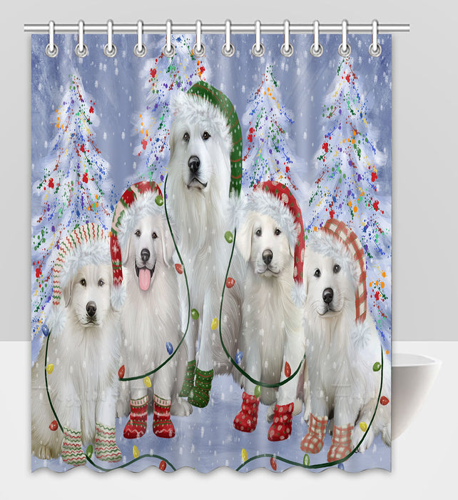 Christmas Lights and Great Pyrenees Dogs Shower Curtain Pet Painting Bathtub Curtain Waterproof Polyester One-Side Printing Decor Bath Tub Curtain for Bathroom with Hooks
