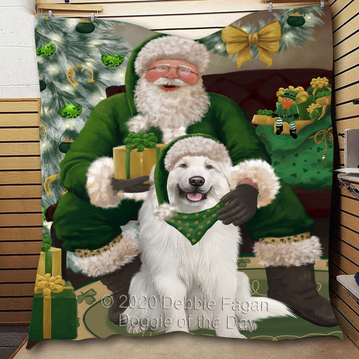 Christmas Irish Santa with Gift and Great Pyrenees Dog Quilt Bed Coverlet Bedspread - Pets Comforter Unique One-side Animal Printing - Soft Lightweight Durable Washable Polyester Quilt