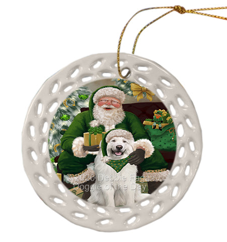 Christmas Irish Santa with Gift and Great Pyrenees Dog Doily Ornament DPOR59493