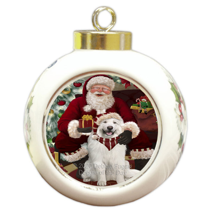 Santa's Christmas Surprise Great Pyrenees Dog Round Ball Christmas Ornament RBPOR58029