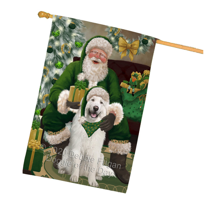 Christmas Irish Santa with Gift and Great Pyrenees Dog House Flag FLG66703