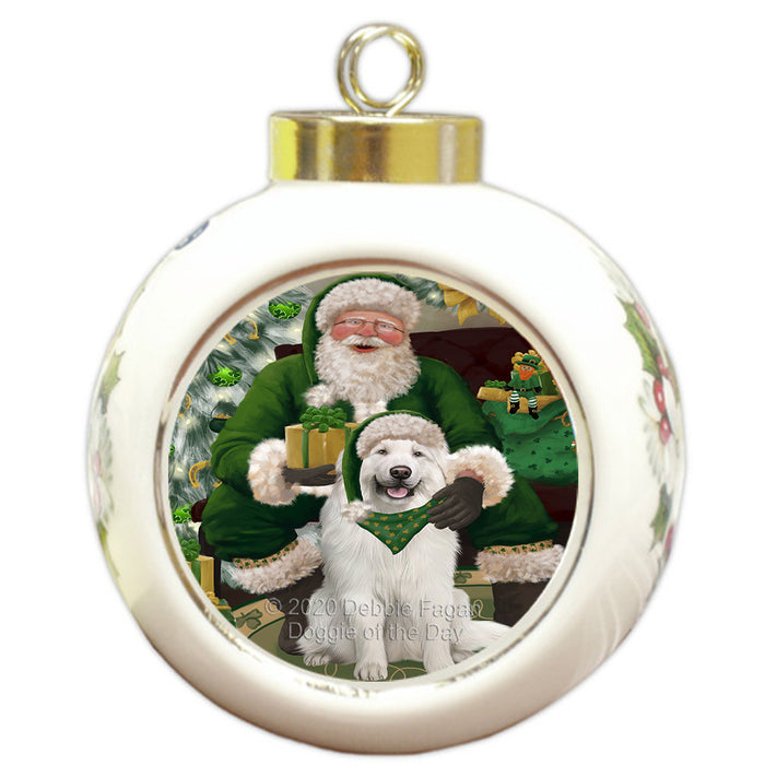 Christmas Irish Santa with Gift and Great Pyrenees Dog Round Ball Christmas Ornament RBPOR57931