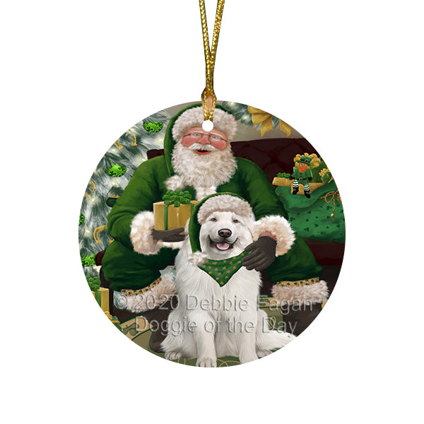 Christmas Irish Santa with Gift and Great Pyrenees Dog Round Flat Christmas Ornament RFPOR57931