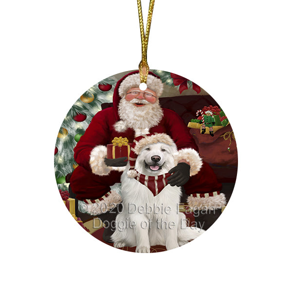 Santa's Christmas Surprise Great Pyrenees Dog Round Flat Christmas Ornament RFPOR58029