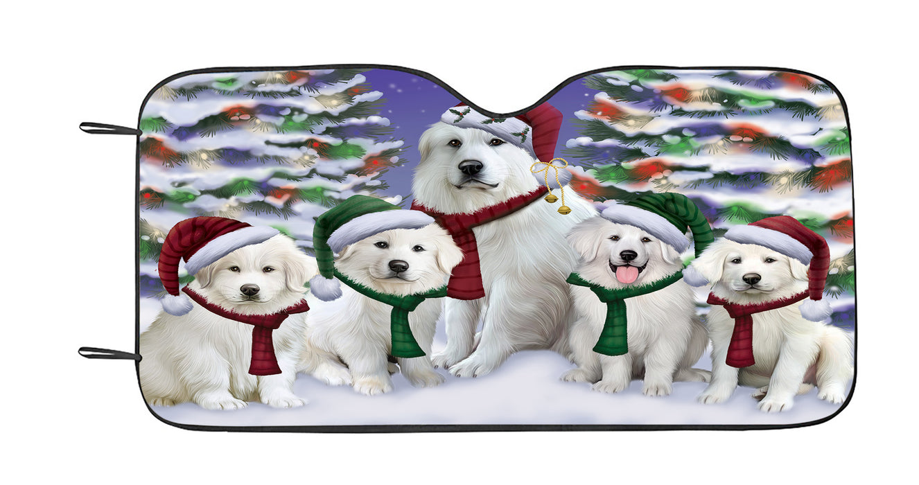 Great Pyrenees Dogs Christmas Family Portrait in Holiday Scenic Background Car Sun Shade