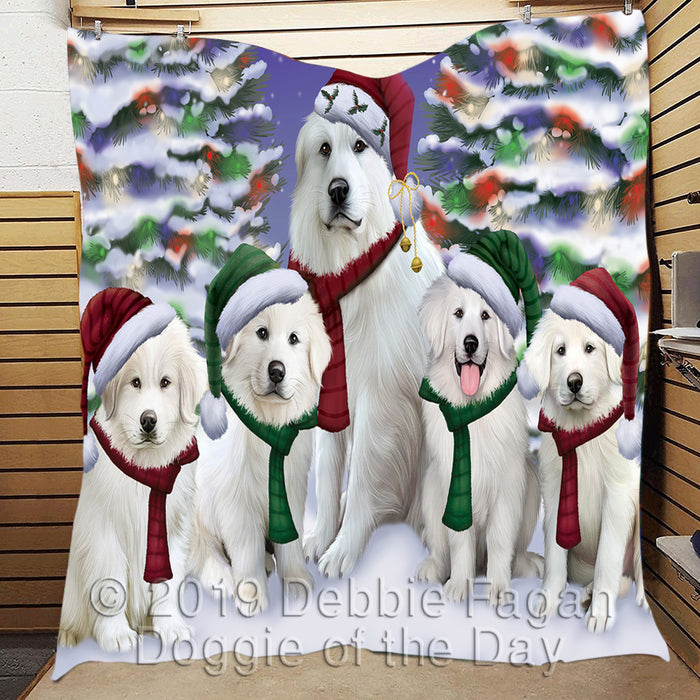 Great Pyrenees Dogs Christmas Family Portrait in Holiday Scenic Background Quilt