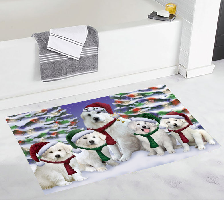 Great Pyrenees Dogs Christmas Family Portrait in Holiday Scenic Background Bath Mat