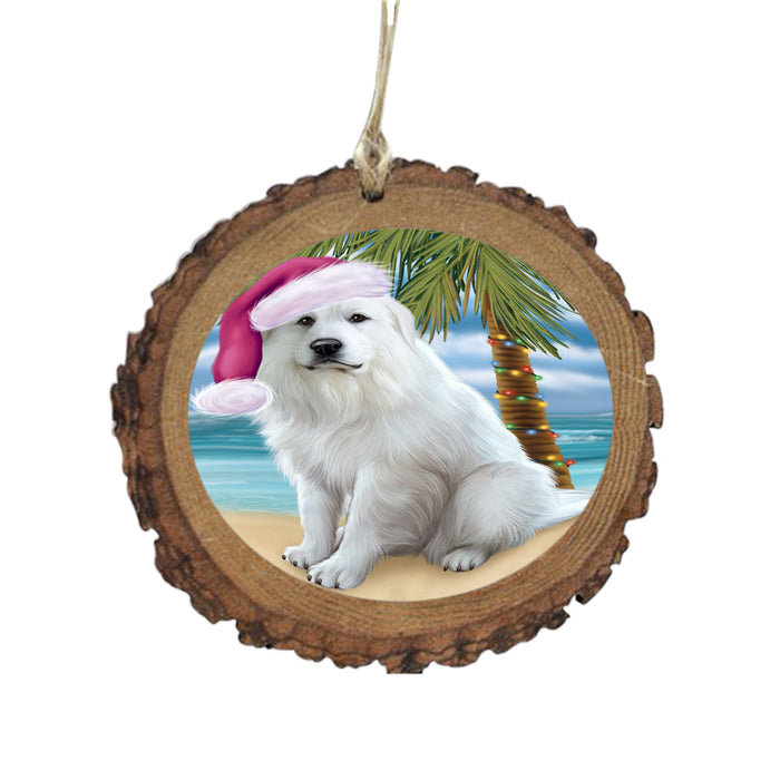 Summertime Happy Holidays Christmas Great Pyrenees Dog on Tropical Island Beach Wooden Christmas Ornament WOR49373