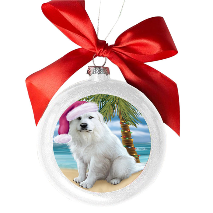Summertime Happy Holidays Christmas Great Pyrenees Dog on Tropical Island Beach White Round Ball Christmas Ornament WBSOR49373