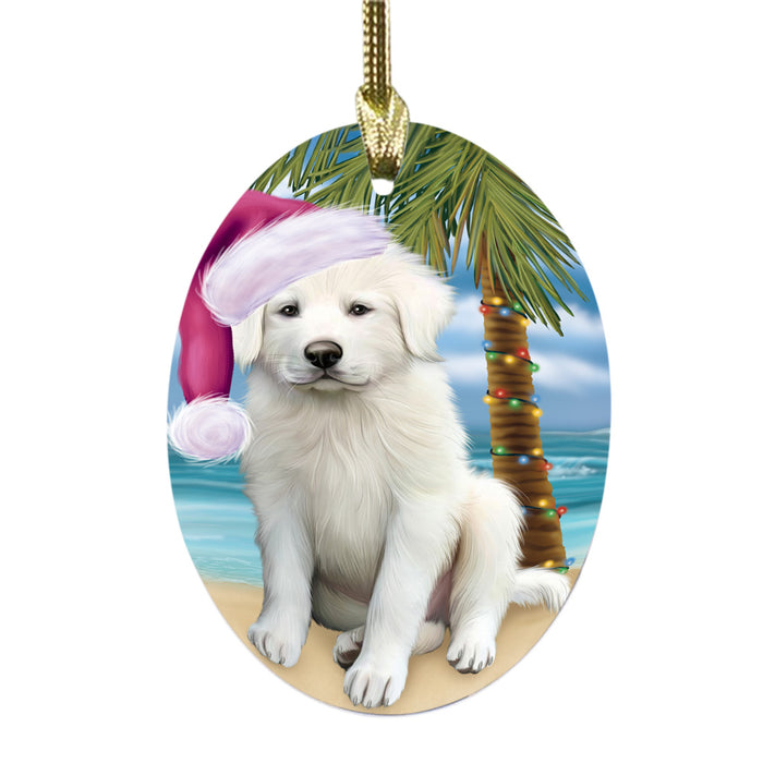 Summertime Happy Holidays Christmas Great Pyrenees Dog on Tropical Island Beach Oval Glass Christmas Ornament OGOR49374