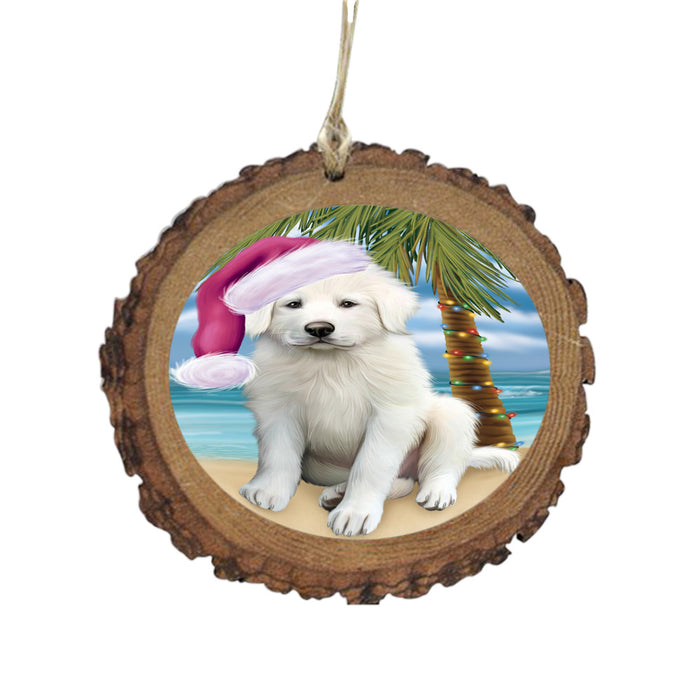 Summertime Happy Holidays Christmas Great Pyrenees Dog on Tropical Island Beach Wooden Christmas Ornament WOR49374