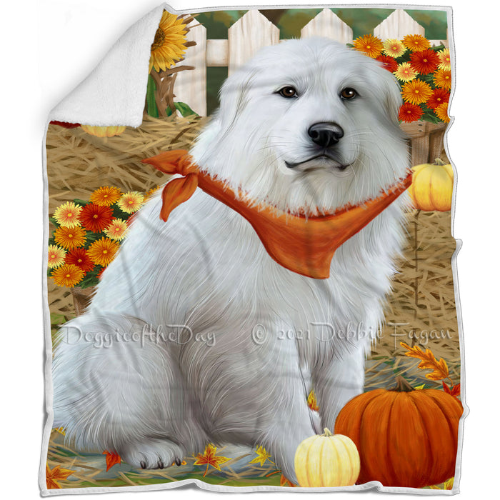 Fall Autumn Greeting Great Pyrenee Dog with Pumpkins Blanket BLNKT87258
