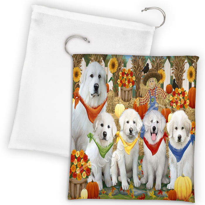 Fall Festive Harvest Time Gathering Great Pyrenees Dogs Drawstring Laundry or Gift Bag LGB48409