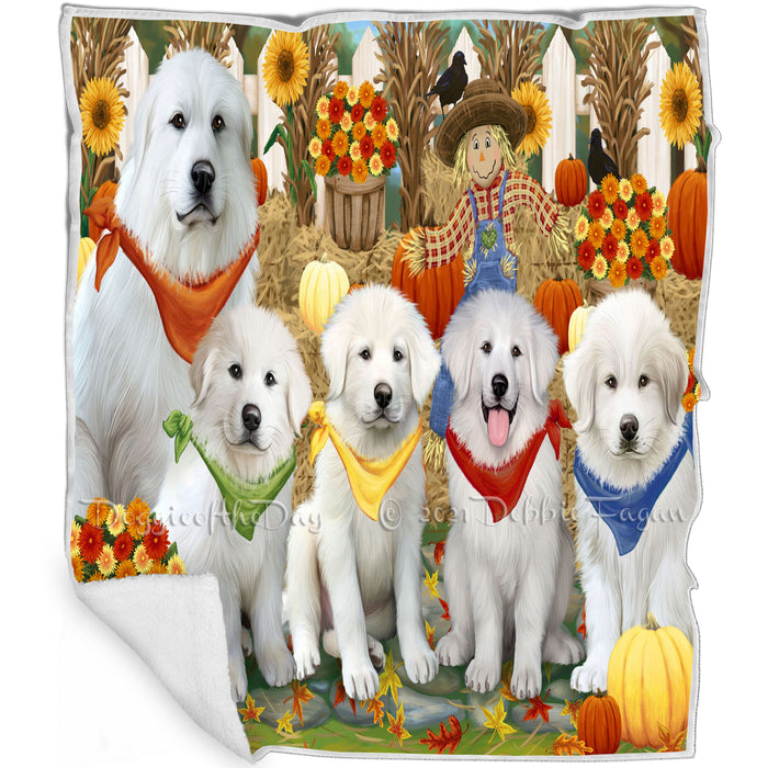 Fall Festive Gathering Great Pyrenees Dogs with Pumpkins Blanket BLNKT142410