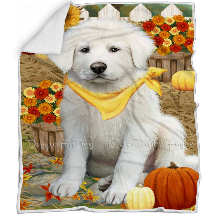 Fall Autumn Greeting Great Pyrenee Dog with Pumpkins Blanket BLNKT87267