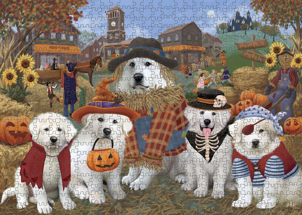 Halloween 'Round Town And Fall Pumpkin Scarecrow Both Great Pyrenees Dogs Puzzle with Photo Tin PUZL96312