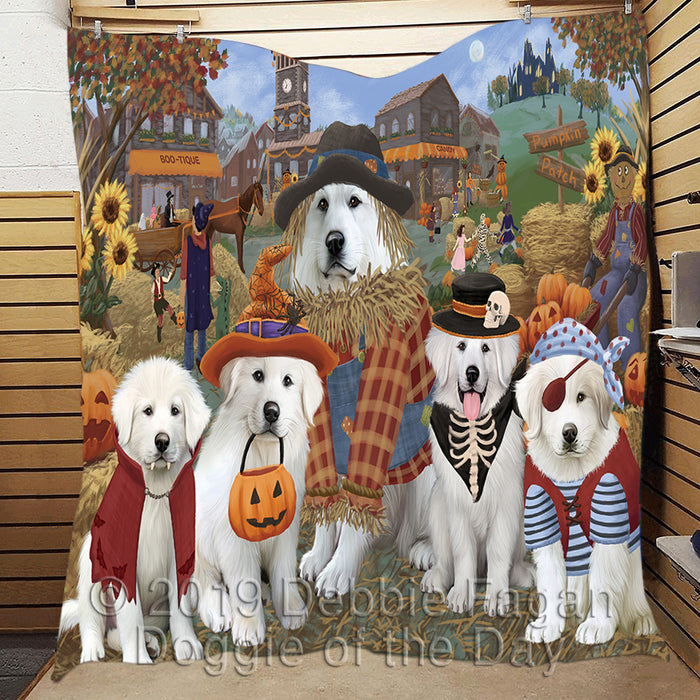 Halloween 'Round Town and Fall Pumpkin Scarecrow Both Great Pyrenees Dogs Quilt