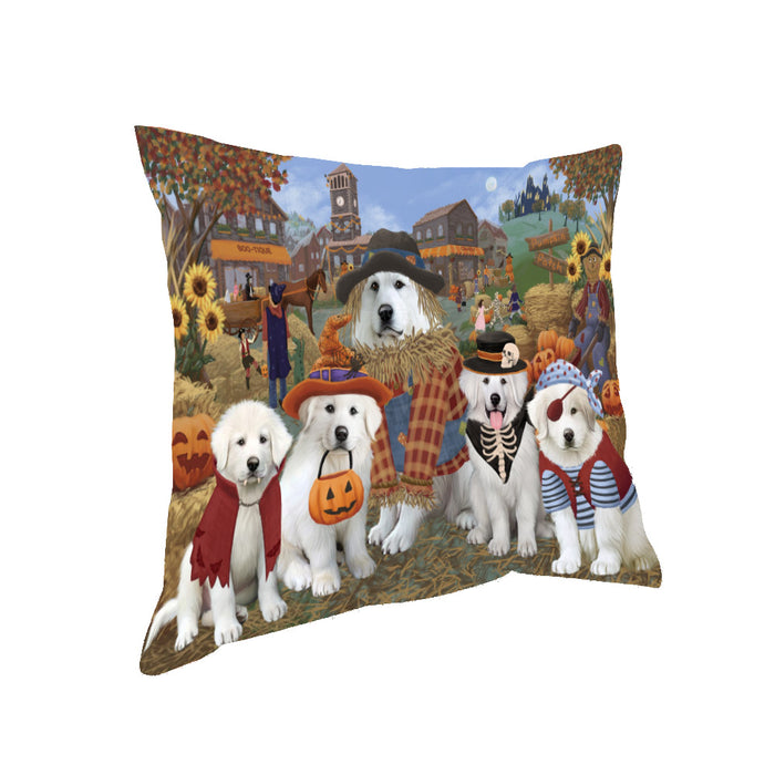 Halloween 'Round Town And Fall Pumpkin Scarecrow Both Great Pyrenees Dogs Pillow PIL82404