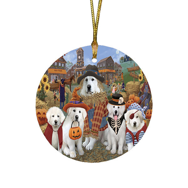 Halloween 'Round Town And Fall Pumpkin Scarecrow Both Great Pyrenees Dogs Round Flat Christmas Ornament RFPOR57405