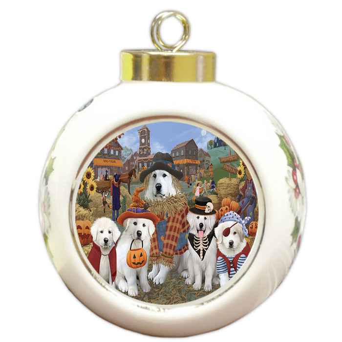 Halloween 'Round Town And Fall Pumpkin Scarecrow Both Great Pyrenees Dogs Round Ball Christmas Ornament RBPOR57405