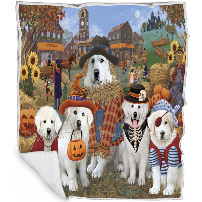 Halloween 'Round Town And Fall Pumpkin Scarecrow Both Great Pyrenees Dogs Blanket BLNKT138971