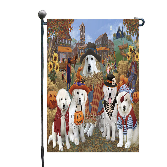 Halloween 'Round Town And Fall Pumpkin Scarecrow Both Great Pyrenees Dogs Garden Flag GFLG65601