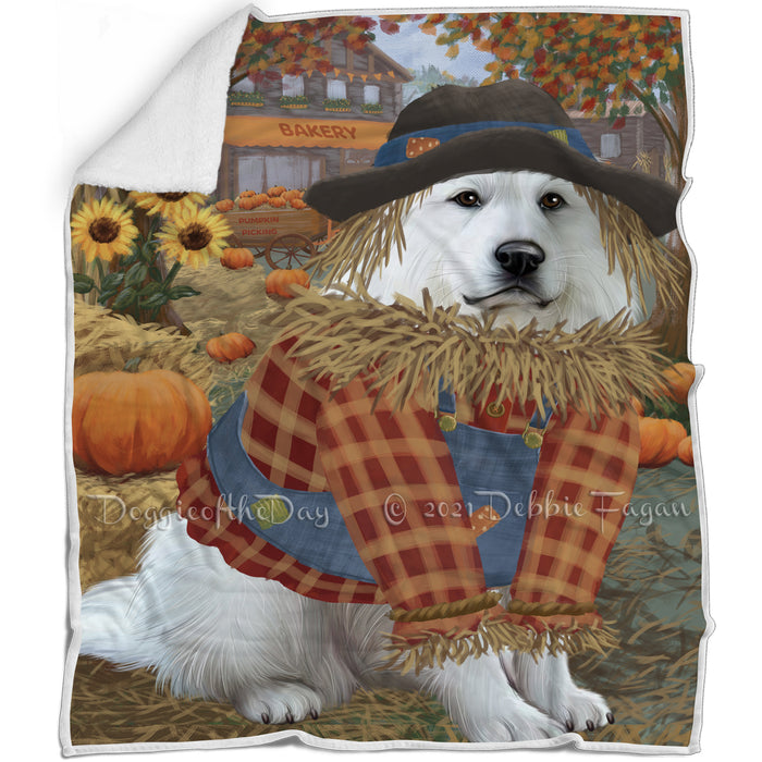Halloween 'Round Town And Fall Pumpkin Scarecrow Both Great Pyrenees Dogs Blanket BLNKT139520