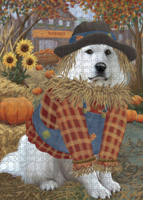 Halloween 'Round Town And Fall Pumpkin Scarecrow Both Great Pyrenees Dogs Puzzle with Photo Tin PUZL96556