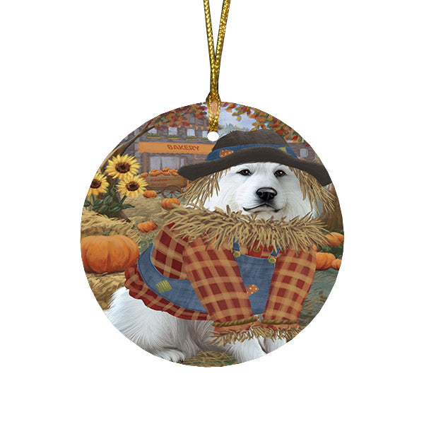 Halloween 'Round Town And Fall Pumpkin Scarecrow Both Great Pyrenees Dogs Round Flat Christmas Ornament RFPOR57466
