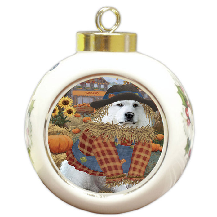 Halloween 'Round Town And Fall Pumpkin Scarecrow Both Great Pyrenees Dogs Round Ball Christmas Ornament RBPOR57466
