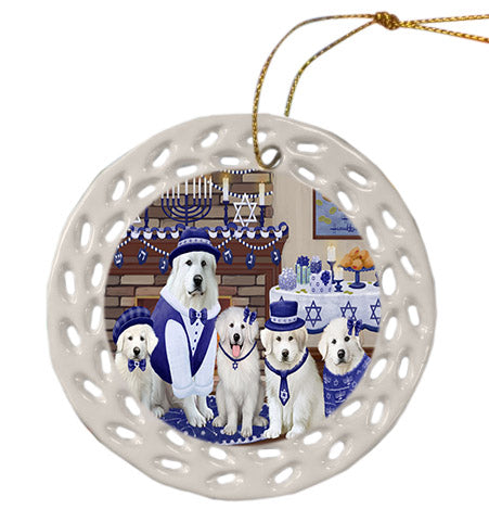 Happy Hanukkah Family Great Pyrenees Dogs Ceramic Doily Ornament DPOR57623