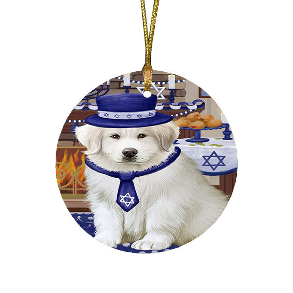 Happy Hanukkah Family and Happy Hanukkah Both Great Pyrenees Dog Round Flat Christmas Ornament RFPOR57583