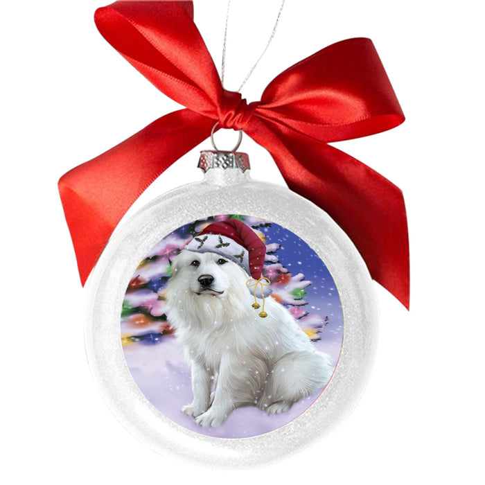 Winterland Wonderland Great Pyrenees Dog In Christmas Holiday Scenic Background White Round Ball Christmas Ornament WBSOR49584