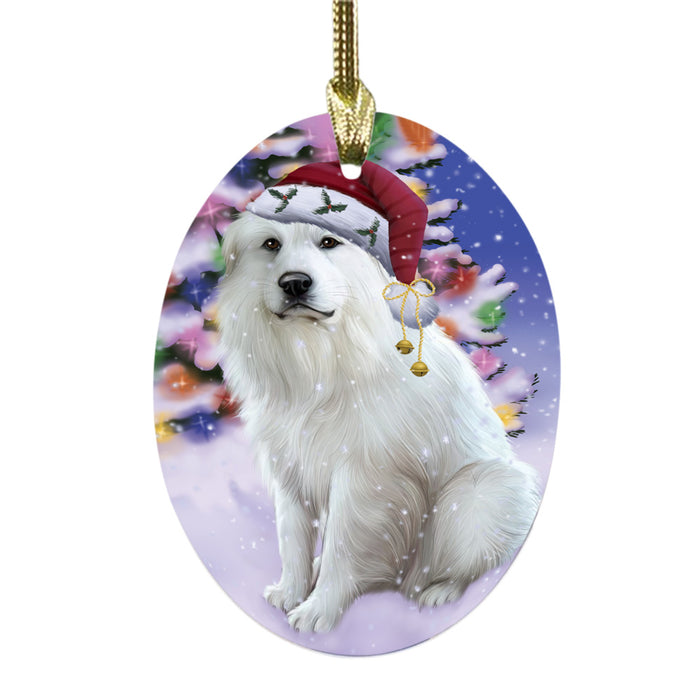 Winterland Wonderland Great Pyrenees Dog In Christmas Holiday Scenic Background Oval Glass Christmas Ornament OGOR49584