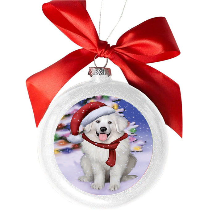 Winterland Wonderland Great Pyrenees Dog In Christmas Holiday Scenic Background White Round Ball Christmas Ornament WBSOR49585
