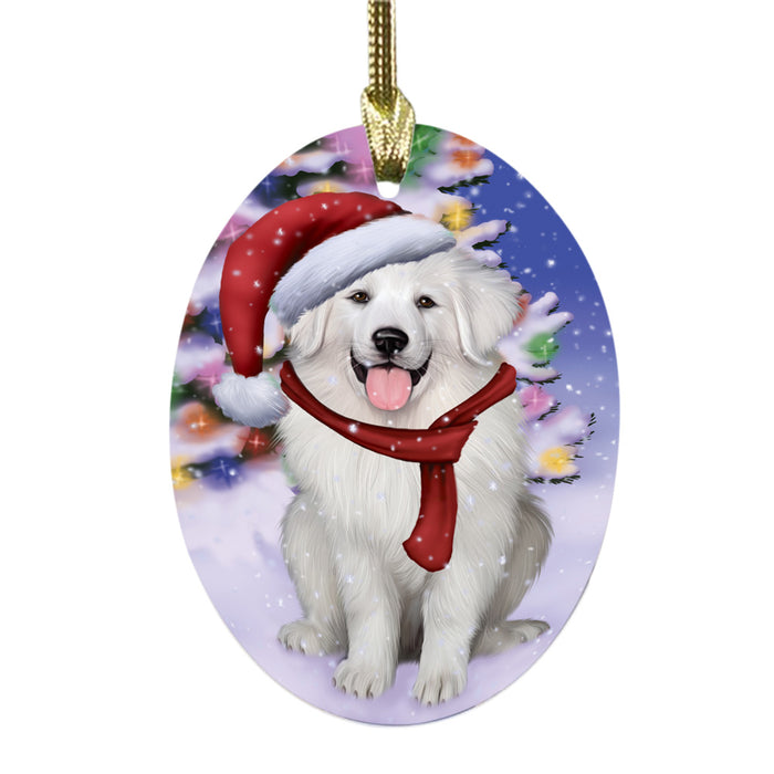 Winterland Wonderland Great Pyrenees Dog In Christmas Holiday Scenic Background Oval Glass Christmas Ornament OGOR49585