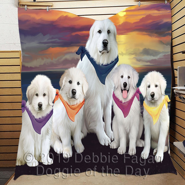 Family Sunset Portrait Great Pyrenees Dogs Quilt
